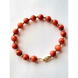 14K Vintage Red Jade Jadeite + Gold Bead Bracelet  FREE SHIPPING